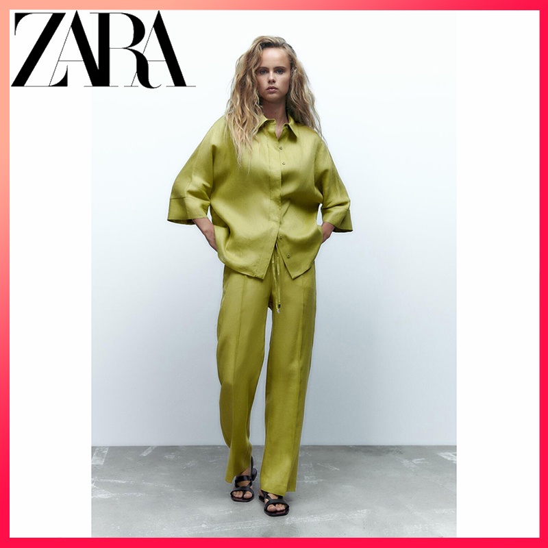 Zara ฤดูใบไม้ร่วง ใหม่ ผู้หญิง ผ้าลินิน หลวม ลําลอง เสื้อเชิ้ตคอปก + กางเกงสูท