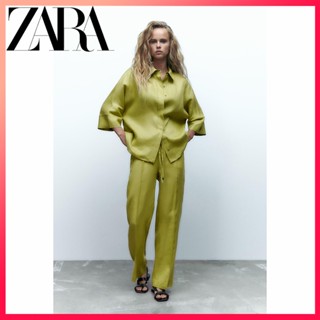ZARA autumn new womens linen fabric loose casual lapel shirt + trousers suit