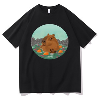 เสื้อคนอ้วนผญ Capybaras สปาพิมพ์กราฟิกผู้ชายตลกผู้หญิงแฟชั่นสบาย ๆ สบาย ๆ Tshirt แขนสั้นผู้ชาย Streetwear ชายผ้าฝ้าย