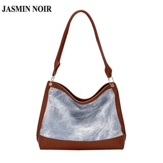 Jasmin NOIR กระเป๋าสะพายไหล่ กระเป๋าถือ หนัง PU และเดนิม ขนาดใหญ่ สําหรับสตรี