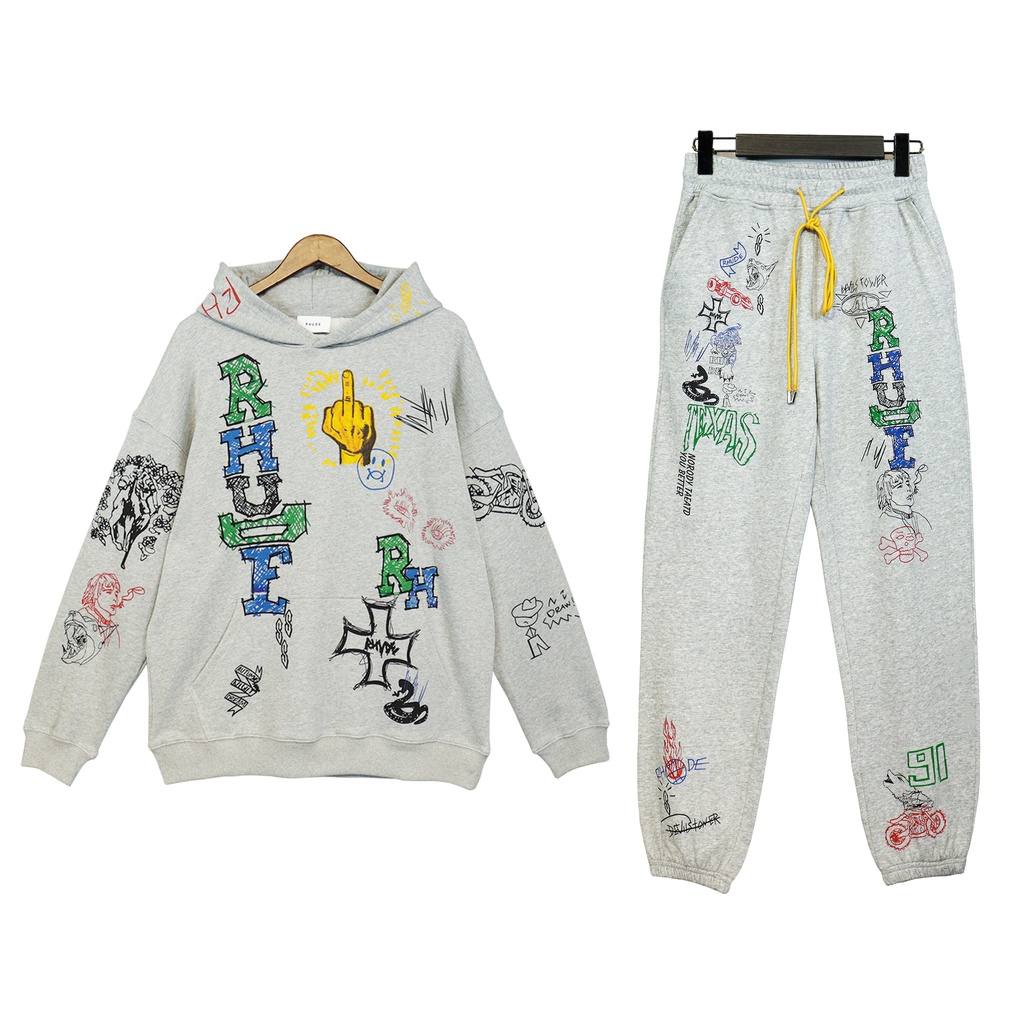 Rhude DOODLE Hoodie ชุดเสื้อฮู้ดดี้ กางเกงลําลอง ผ้าฝ้าย เพ้นท์มือ ลายกราฟฟิติ High Street ฤดูใบไม้ร