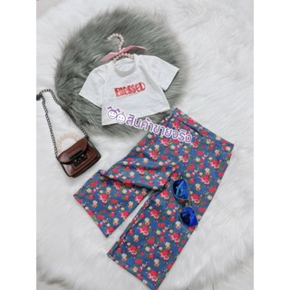 NS05/🌈พร้อมส่ง🌈ชุดเด็กผู้หญิง เซท2ชิ้น เสื้อขาวสกรีน+กางเกงลายดอก ผ้ายืดนิ่มมากๆตะ