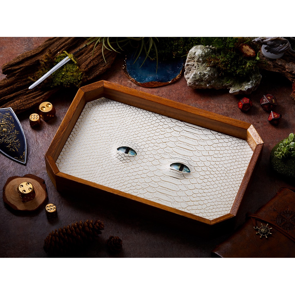 BEHOLDER Dice Tray | White Gold Leather & Blue eye | Octagon Dice Tray | Faux Leather | RPG Dice Tra