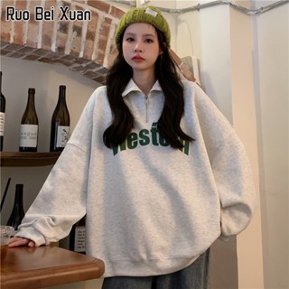 RUO BEI XUAN เสื้อสเวตเตอร์ผู้หญิงคอปกโปโลผู้หญิงแขนสั้นเสื้อสเวตเตอร์จดหมายหลวมซิปด้านบน