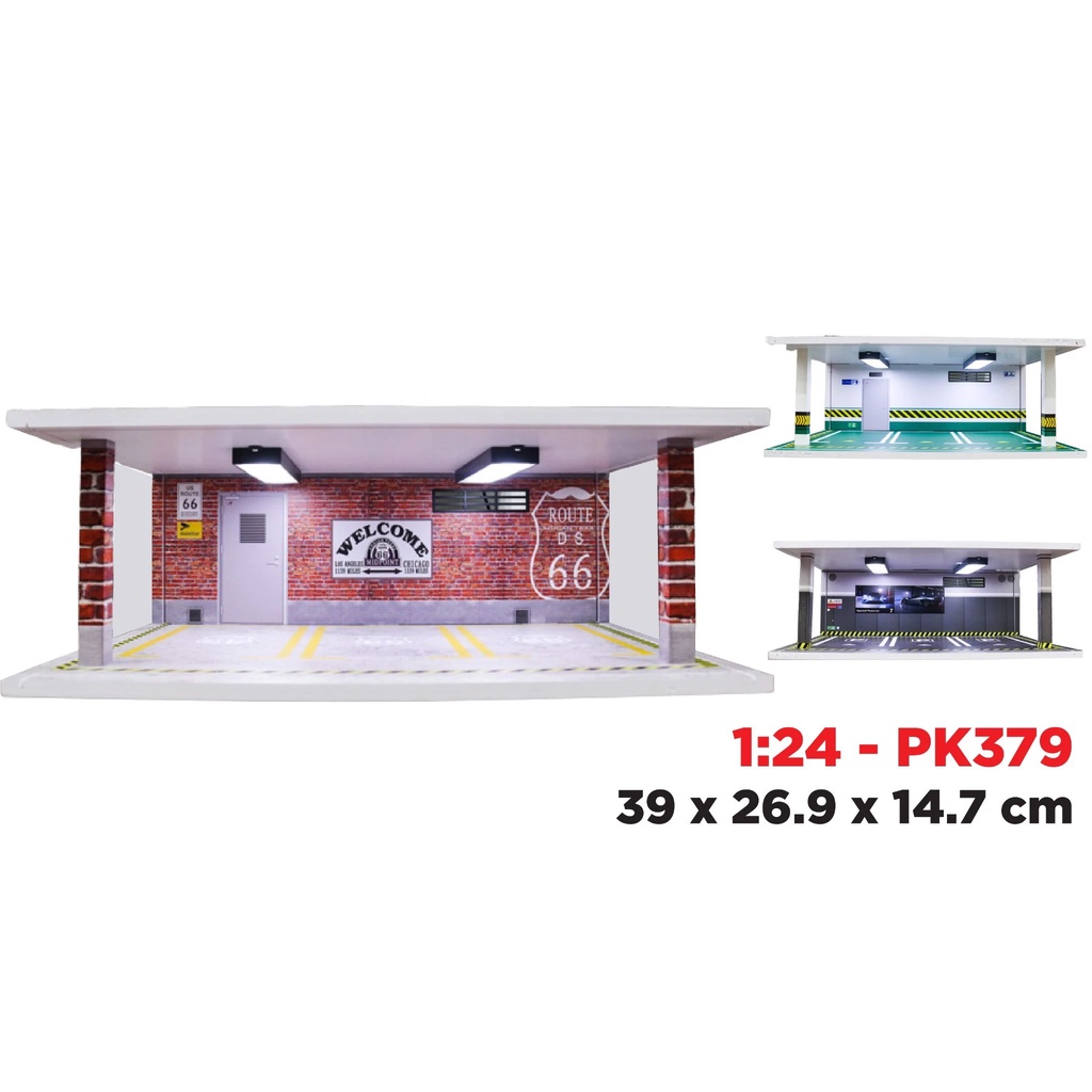 กล่องแสดง PVC ล็อตจอด 3 รถ 1:24 ขนาด - 2 คอลัมน์พร้อมไฟ - พร้อม micha 39x26.9x14.7cm PK379 124-3 ไม้