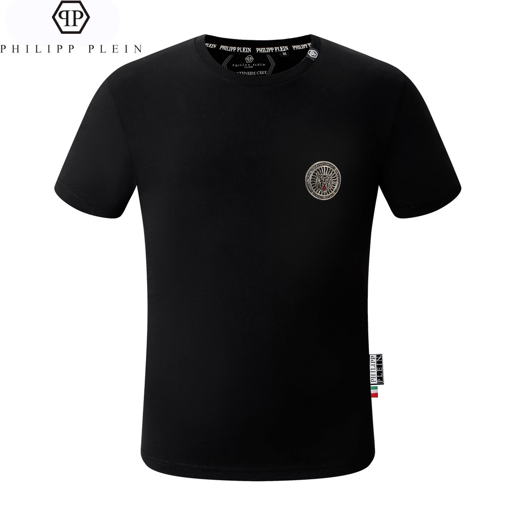 ฤดูร้อน PHILIPP PLEIN Mens Top Slim-fit คอกลมสบายยืดหยุ่น Breathable ผ้าฝ้ายแท้เรียบง่าย
