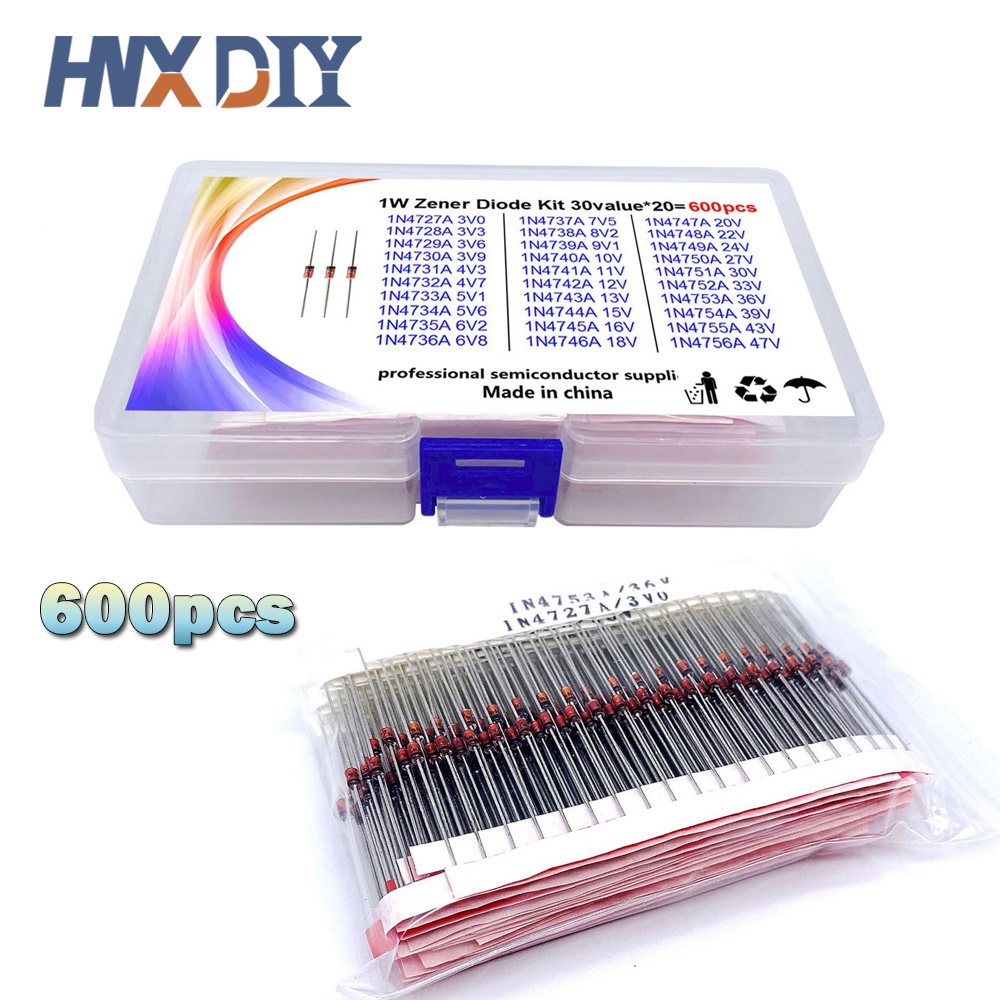 600pcs 3V-47V Diode Kit 1W Zener Voltage Regulator 39V 30V 27V 24V 22V 20V 18V 16V 13V 12V 10V Zener