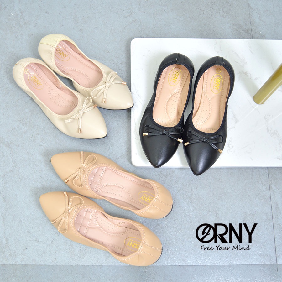 Ballet Flats 129 บาท ORNY(ออร์นี่) ® OY110 รองเท้าคัชูหัวแหลมส้นแบน ยางยืด แต่งโบว์ Women Shoes