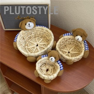 Plutostyle ตะกร้าฟางเก็บของ ลายการ์ตูนหมีน่ารัก สําหรับตั้งโต๊ะ สํานักงาน ห้องนอน