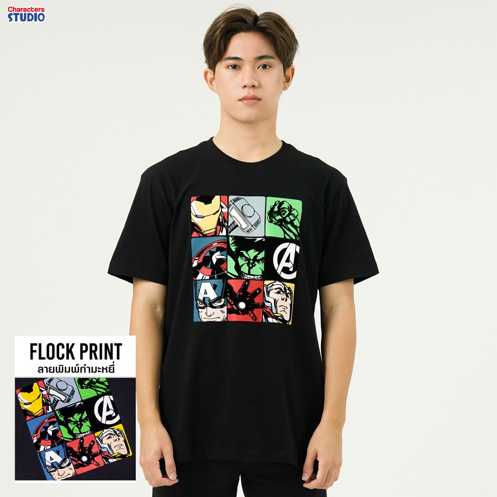 Marvel เสื้อยืดผู้ชายลายอเวนเจอร์ พิมพ์ลายกำมะหยี่(Flock) ผ้าCotton100% สินค้าลิขสิทธ์แท้ characters studio
