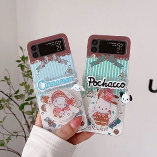 เคสโทรศัพท์มือถือ PC แข็ง แบบใส กันกระแทก ลายการ์ตูน Pochacco Cinnamoroll พร้อมสายคล้อง สําหรับ Samsung Galaxy Z Flip 3 5G 3in1 Z Flip 4