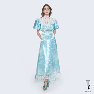 TandT - "BLUEBELL" Butterfly Printed Puff Sleeve Lace Trimmed Crop Top เสื้อคร็อปตัวสั้นจั้มพ์เอว แขนสั้นพอง