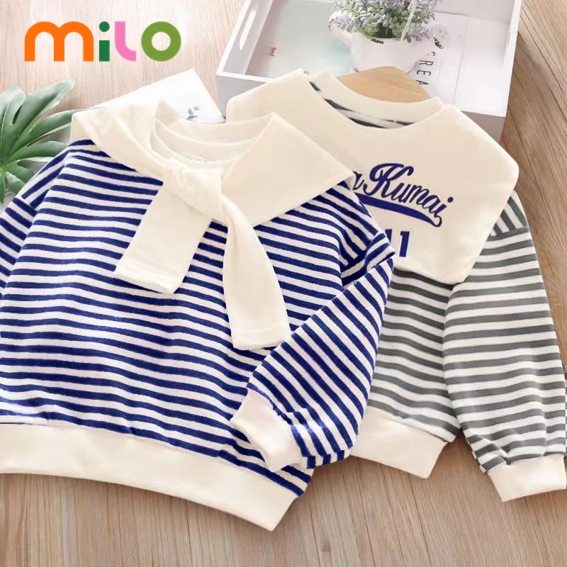 Milo ชุดไทยเด็กชายเสื้อสเวตเตอร์เด็ก เสื้อยืดสไตล์เกาหลีแบบแฟชั่นสำหรับเด็กชายและหญิง เสื้อสเวตเตอร์แขนยาวแบบลำลอง เสื้อผ้าสไตล์ทหารเรือ พิมพ์ลาย เข้ากับทุกการแต่งกาย