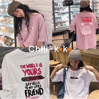 Chili_k❤️k❤️ 2369# เสื้อยืดคอกลม เสื้อยืดแขนสั้น สไตล์วินเทจ ลายหน้า-หลัง เสื้อโอเวอร์ไซส์แขนสั้นสีขาว