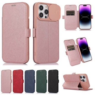 Slide Camera iPhone 14, 14 Plus,14 Pro Max Casing Full Protection Leather Stand Case Phone Cover with Card Holder