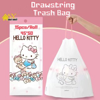 ถุงขยะพลาสติก แบบหนา ลาย Hello Kitty ขนาด 45x50 นิ้ว ใช้แล้วทิ้ง สําหรับรถยนต์ จํานวน 15 ชิ้น ต่อม้วน