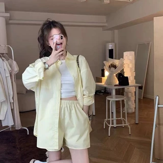 ส่งทันที Cici🍓พร้อมส่ง🍍(1079)set2 ชิ้น เสื้อเชิ้ต+กางเกงขาสั้น สีสันต์หลากหลาย แมชได้กับทุกลุค