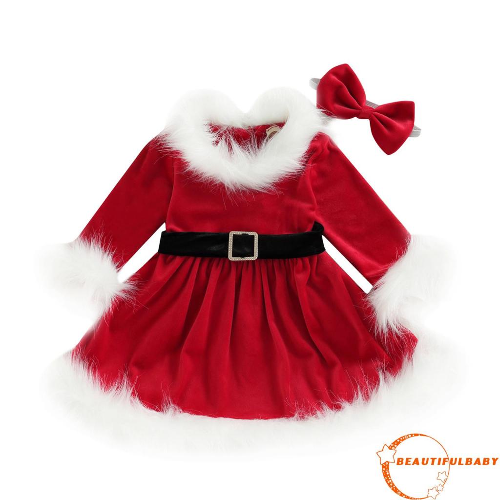 Beauty-toddler Girls Christmas A-line Dress แขนยาว O คอ Plush Patchwork ชุดเข็มขัดและแถบคาดศีรษะ