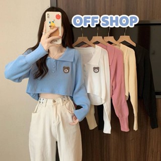 OFF SHOP พร้อมส่ง (OFF-91025) เสื้อครอปไหมพรมแขนยาว คอปก ปักหน้าหมีน่ารักสีคิ้วมาก