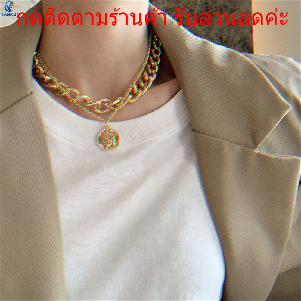 สร้อยทอง โซ่เส้นใหญ่ สร้อยคอโซ่ 2 ชั้น พร้อมจี้รูปภาพ สไตล์ฮิปฮอป เครื่องประดับแฟชั่น สำหรับผู้หญิง