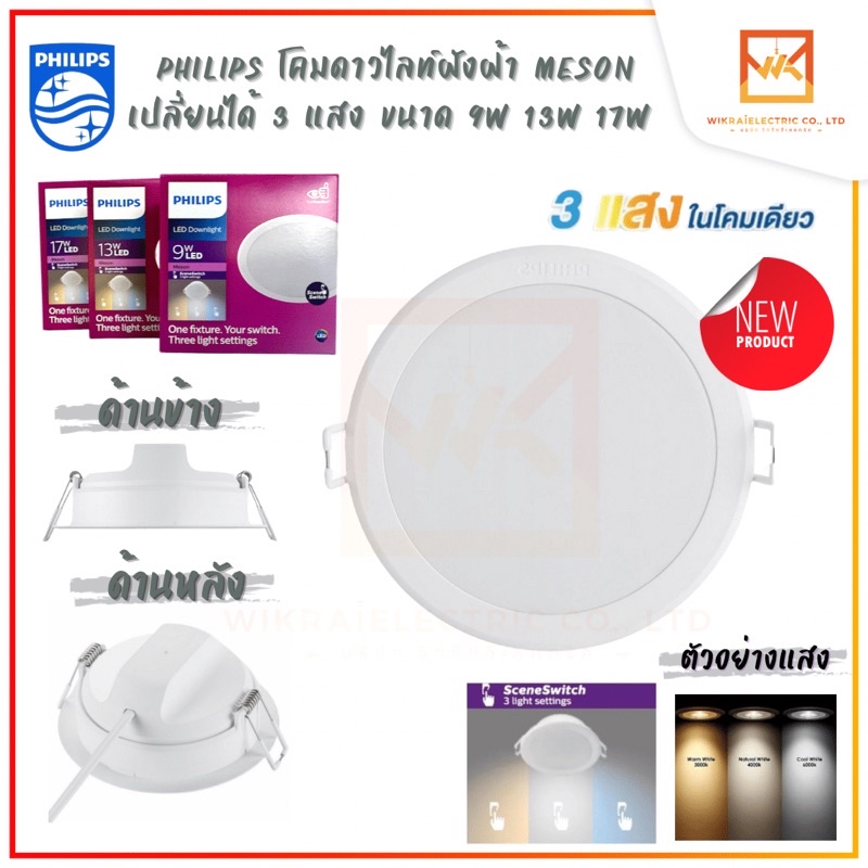 (สลับแสงได้ 3 แสง)PHILIPS โคมไฟดาวน์ไลท์ฝังฝ้า Panel LED 5W 9W 13W 17W รุ่น Meson SSW 105 SSW 125 SSW 150
