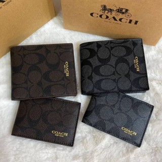 Coach short wallet กระเป๋าสตางค์ใบสั้นผู้ชายสีดำ ปั๊มโลโก้ปลาย