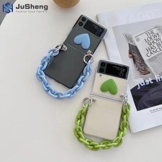 Jusheng เคสโทรศัพท์มือถือ PC แบบแข็ง ลายหัวใจ สามมิติ สีเขียว สีฟ้า พร้อมสร้อยข้อมือ แฟชั่น สําหรับ Samsung Z Flip4 Z Flip3