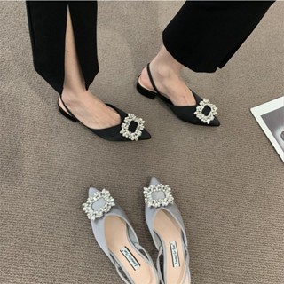 💗สุภาพสตรีรองเท้าส้นสูงรองเท้าย้อนยุคฝรั่งเศสสุภาพสตรีที่สง่างาม Rhinestone Square Buckle Sandals