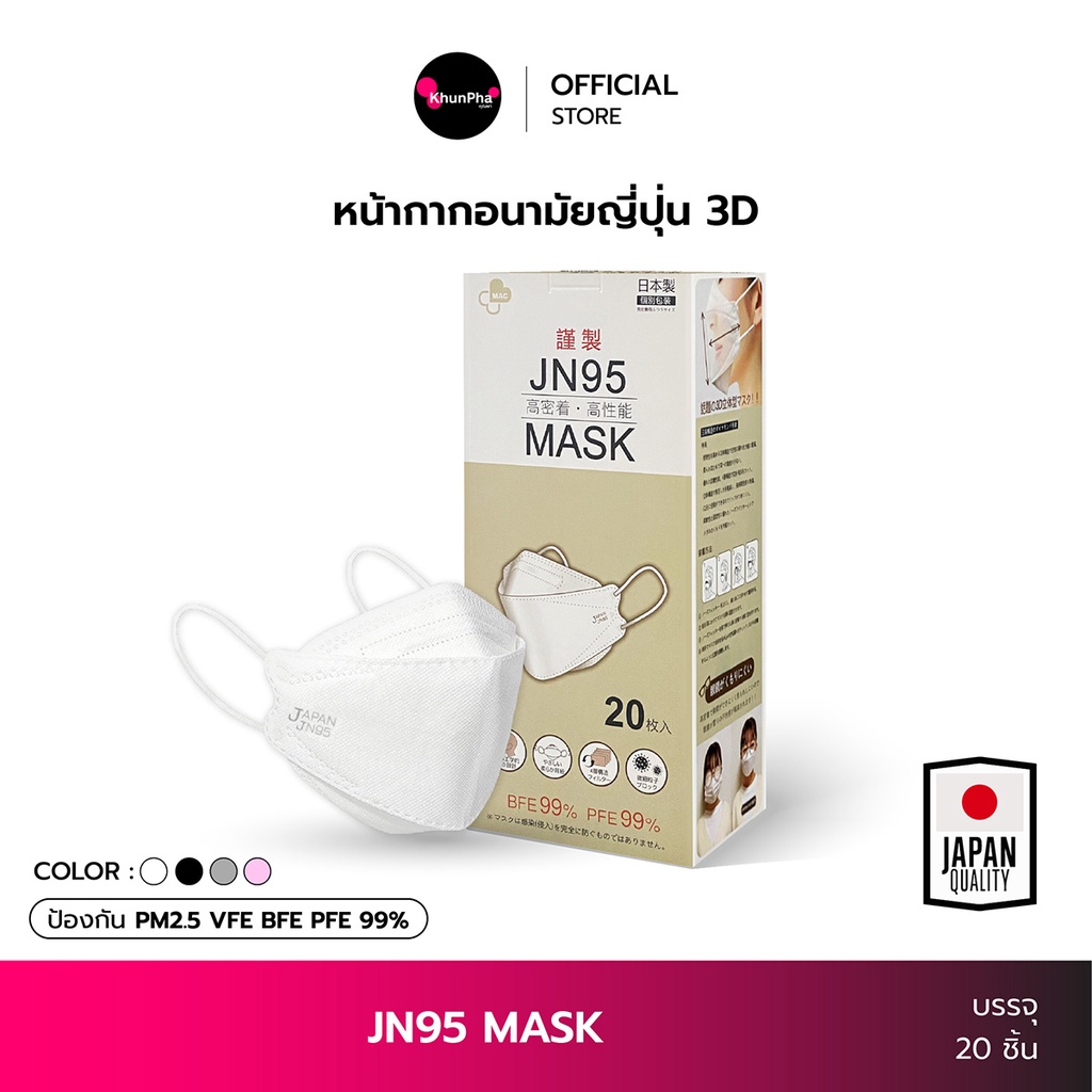 JN95 JAPAN MASK หน้ากากอนามัยญี่ปุ่น (กล่อง 20ชิ้น) ทรงแมสเกาหลี KF94 3D กันฝุ่น PM2.5 ไวรัส แบคทีเรีย PEE BFE VFE99% facemask สายเส้นแบนนุ่ม ไม่เจ็บหู KhunPha คุณผา