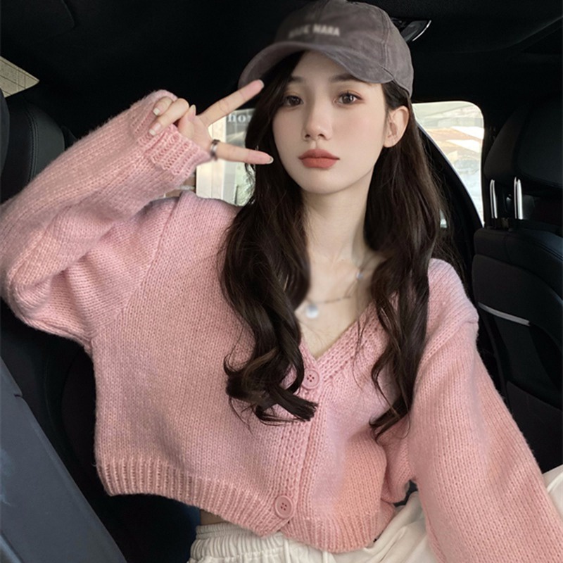 เสื้อคาร์ดิแกนกันหนาวแขนยาว คอวี ผ้าถัก ตัวสั้น เข้ารูป สีพื้น แฟชั่นฤดูใบไม้ร่วง สไตล์เกาหลี สําหรับผู้หญิง