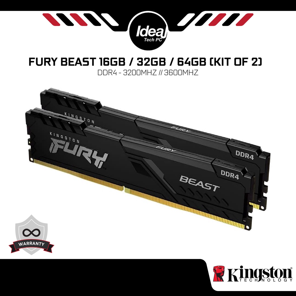 Kingston Fury Beast แรม DDR4 3200MHz 3600MHz (16GB 32GB 64GB) CL16 CL17 CL18