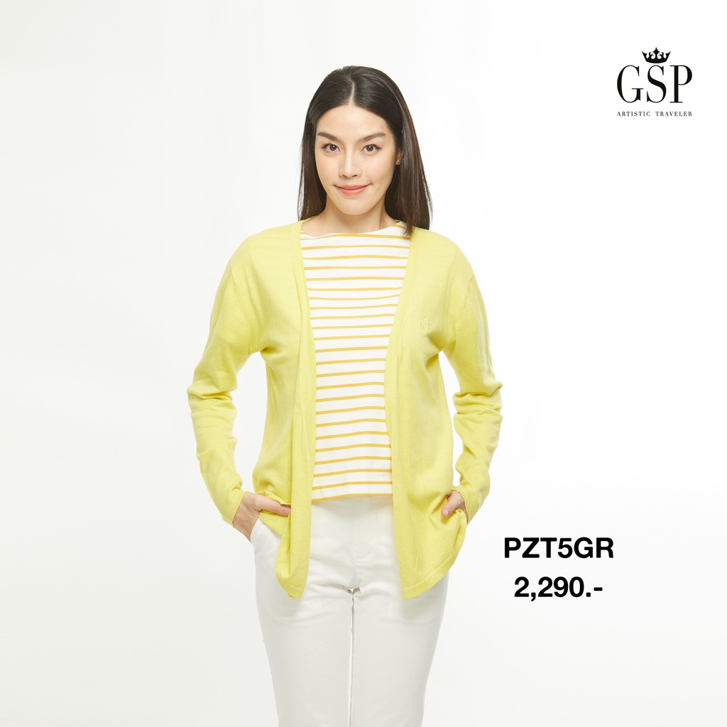 GSP จีเอสพี กลุ่ม ZT YT เสื้อคาดิแกนกันยูวี ผ้านิต แขนยาว สีเหลืองมะนาว ปักโลโก้GSP (PZT5GR)