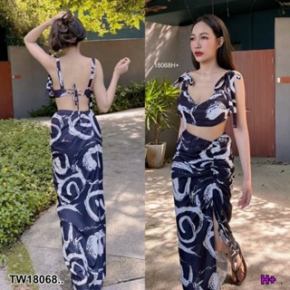 TT18068 Set 2 ชิ้น เสื้อผูกไหล่ อกจับจีบ ผูกโบว์หลัง + กระโปรงยาว รูดหน้า .Set of 2 pieces, shoulder tie, pleated chest,