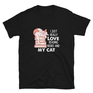 T-shirt  เสื้อยืด พิมพ์ลาย Love Reading Books and My Cat สําหรับผู้ชาย และผู้หญิงS-5XL