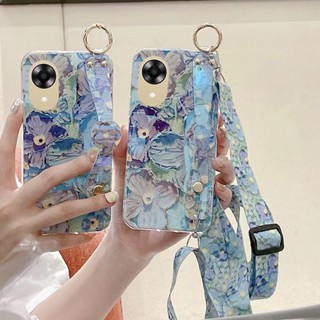 พร้อมส่ง เคสซิลิโคนนิ่ม ลายดอกไม้สีม่วง พร้อมสายคล้อง สําหรับ Oppo A17k INS