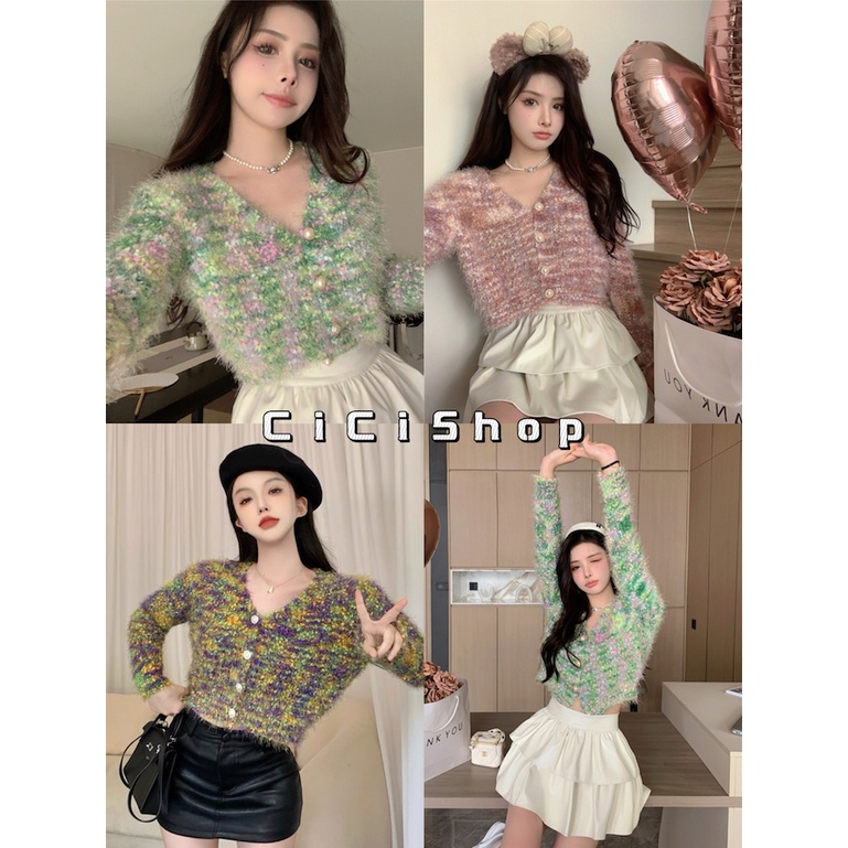 Cicishop(SALE/สุ่มสี Z53037)เสื้อครอปแขนยาว คอวีกระดุมหน้า สีคัลเลอร์ฟูขนฟู่ๆ มีกิมมิค มีสไตล์สวยไม่ซ้ำใคร