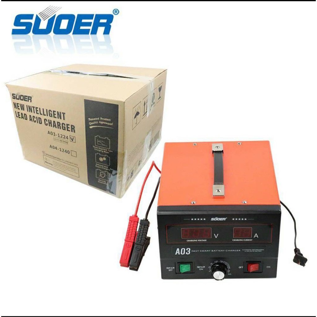 เครื่องชาร์จแบตเตอรี่ สลายซัลเฟต ฟื้นฟูแบตเตอรี่ SUOER A03 [NEW 2020] + เครื่องวิเคราะห์แบตเตอรี่ รุ