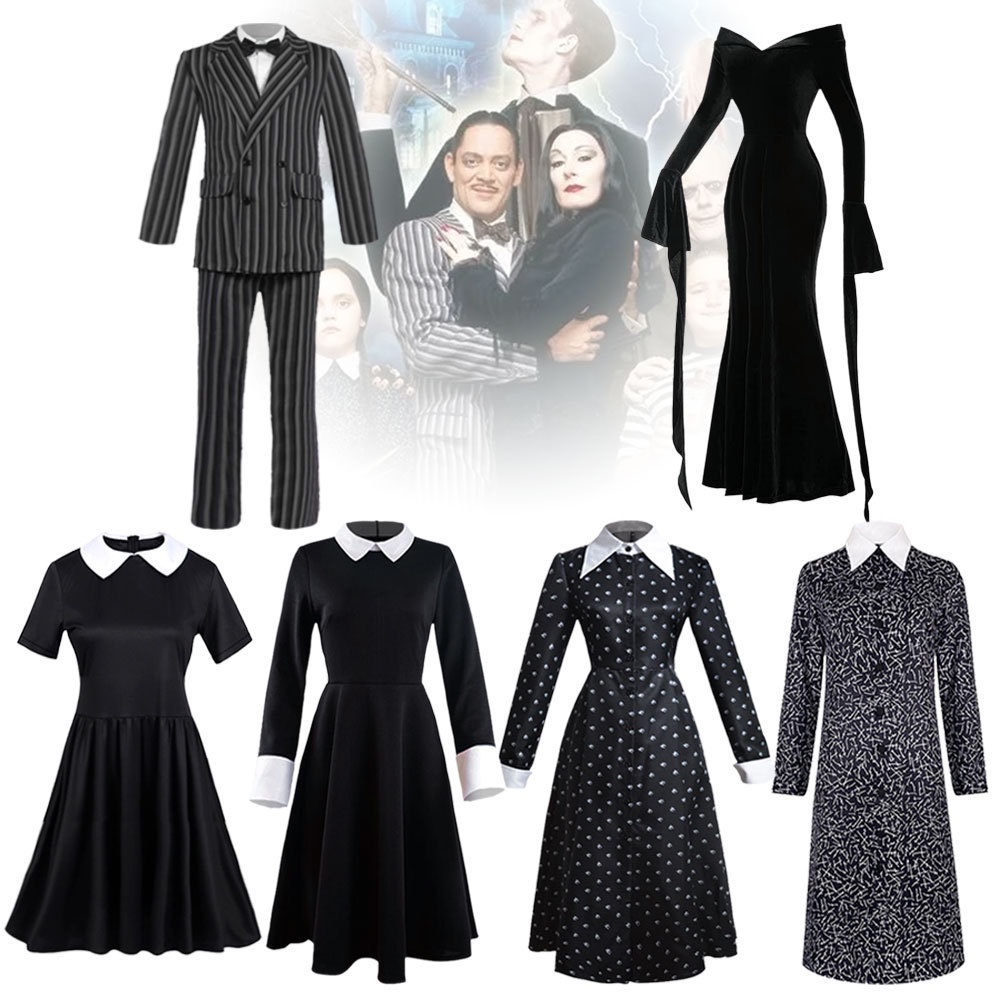 พร้อมส่ง ชุดเดรสคอสเพลย์ Adams Family cos สีดํา สําหรับปาร์ตี้ฮาโลวีน