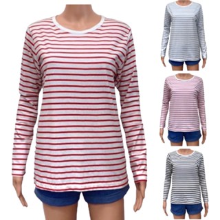 เสื้อคอกลม ผู้หญิง แขนยาว 4 สี รอบอกเสื้อ 34-37 นิ้ว ลายริ้ว0.5 cm ผ้าคอตตอน Striped Long Sleeve T Shirt for Women