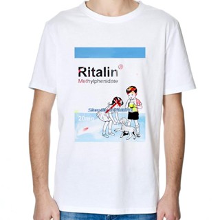 เสื้อเด็กหญิง ป๊อปอาร์ต Ritalin ยาเสพติดประสาทหลอน Trippy Lucid ดรีมกราฟิกเสื้อยืด Unisex สีดําสีขาว oversize เสื้อยืด H