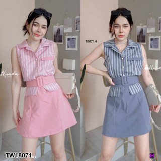 TT18071 มินิเดรสแขนดุดลายริ้ว กระโปรงพื้น + สายเข็มขัด Sleeveless mini dress with stripes, floor skirt + belt strap..