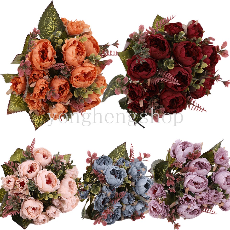 9 หัวประดิษฐ์ Vintage Peony ดอกไม้ดอกไม้ผ้าไหมเจ้าสาวช่อดอกไม้งานแต่งงาน Home Garden Party ดอกไม้ตกแต่ง DIY พวงหรีด