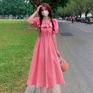 🌺S~2XL เดรสทรงเอ ทรงเอ เอวคอเหลี่ยมสีชมพู ทรงเข้ารูป ทรงเข้ารูปสวยหวาน