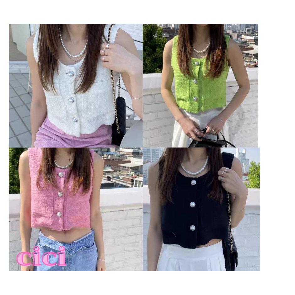 ส่งทันที Cici ❣SALE❣(3045)เสื้อกล้าม ผ้าทวิตแต่งกระดุมเพิ่มความเก๋ มีกระเป๋า สีสันน่ารักสดใสดูหรู ดูแพงมาก
