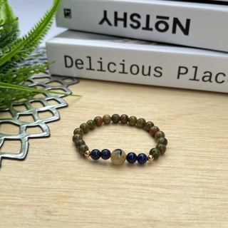 กำไลหินแห่ง [[โชคลาภ ความร่ำรวย การงานก้าวหน้า]] (Unakite +Golden rutilated quartz +Lapis lazuli) ขนาด 6 mm. ส่งฟรี