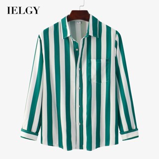Ielgy เสื้อเชิ้ตแขนยาว ลายทาง สีฟ้า และสีขาว สําหรับผู้ชาย