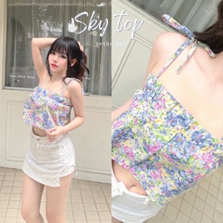 [⭐️ใส่โค้ด PETISEP1 ลด 15%💖]Petite♡︎ Sky top ครอปสายเดี่ยวผูกไหล่ ลายดอกไม้ สุดน่ารัก หวานๆแบ๊วๆสไตล์เกาหลี