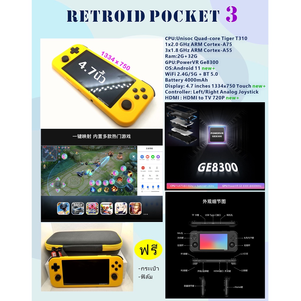 Retroid Pocket 3 หน้าจอ 4.7 นิ้ว 750x1334 Android 11 EMU PSP PS1 PS2 MD DC N64 FC GBC GBA