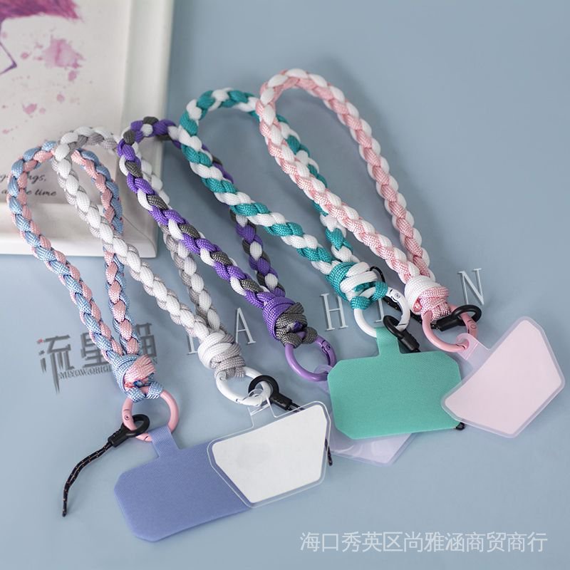 สูง-จบ ถักร่มเชือกเชือกเส้นเล็กโทรศัพท์มือถือสั้นกว้างสายรัดข้อมือสายคล้องมือสไตล์อินเทรนด์เฉพาะรูปแบบใหม่ที่มีสติกเกอร์ด้านหลังคลิปปะเก็น