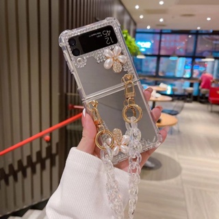 เคสโทรศัพท์มือถือแบบนิ่ม แต่งกSamsung Galaxy Z Flip 3 /Z Flip 4 Fashion 3D Handmade Shiny Bling Glitter Sparkle Rhinestone Flower Soft Mirror Cover Case with Bracelet Lanyard